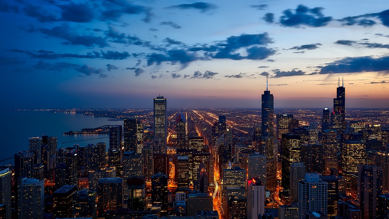 Chicago skyline at sunset